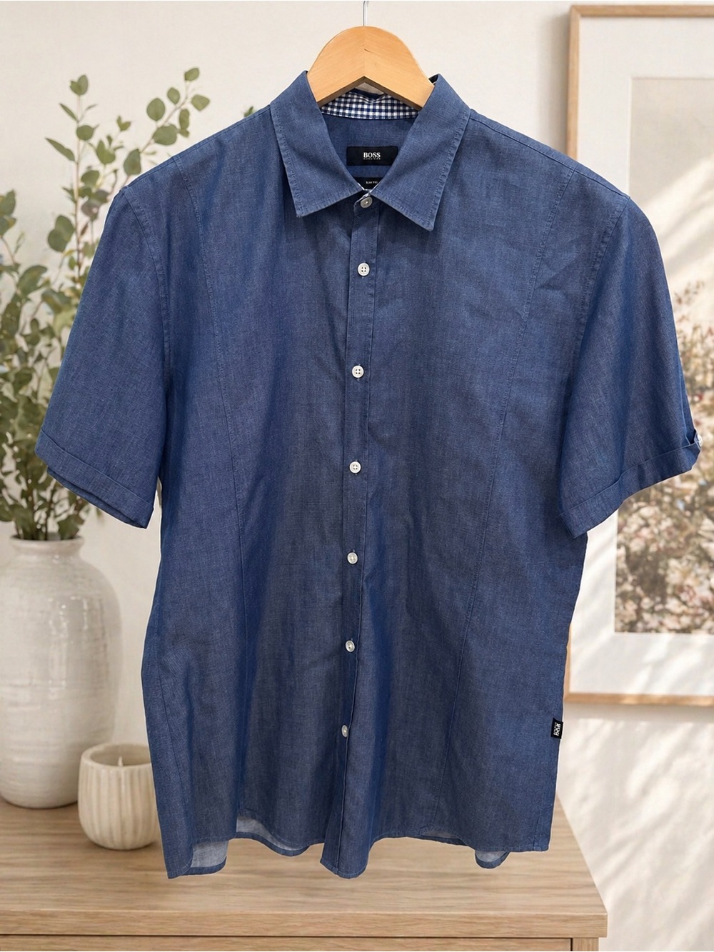Hugo Boss Slim Fit Button Down Shirt Large Blue Short Sleeve Tailored